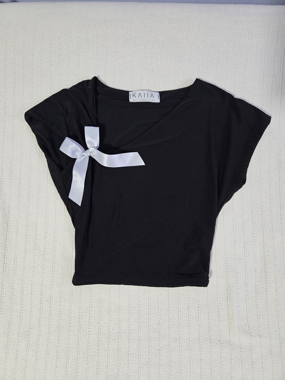 Kaii Cap Sleeve Asymmetric Neckline Crop Top with White Satin Bow